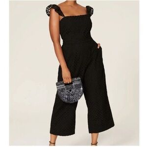 J. Crew 2 Black Cotton Eyelet‎ Ruffle Sleeve Cropped Wide Leg Jumpsuit